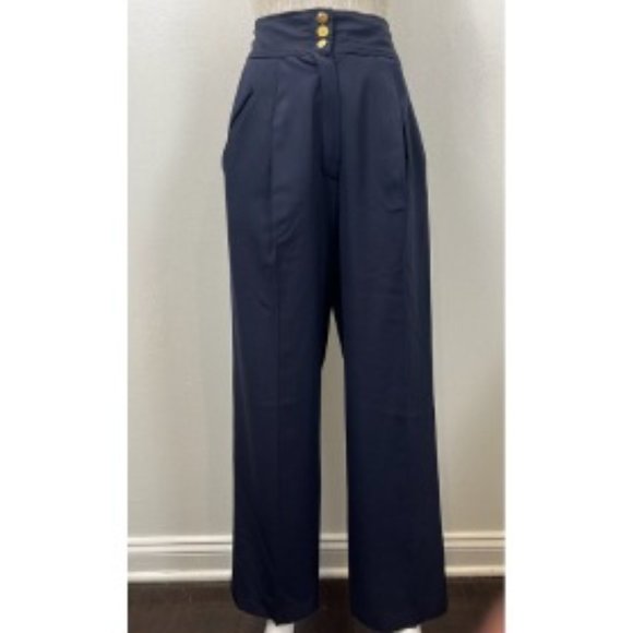 CHANEL Pants - CHANEL PLEATED STRAIGHT LEG LOGO GOLD BUTTON PANTS 6